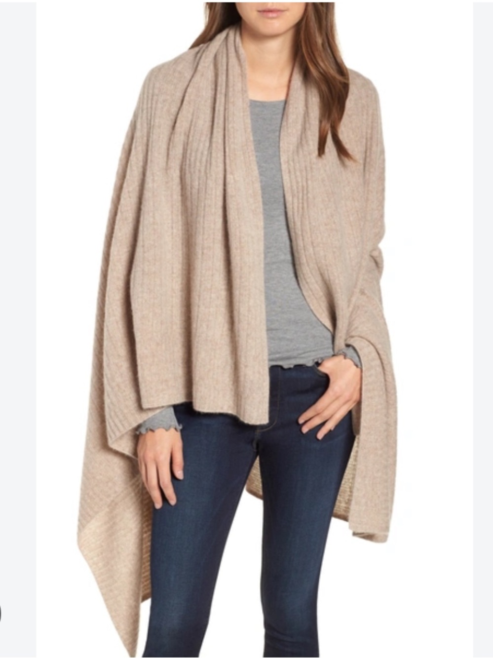 Halogen cashmere oatmeal knit cozy wrap
